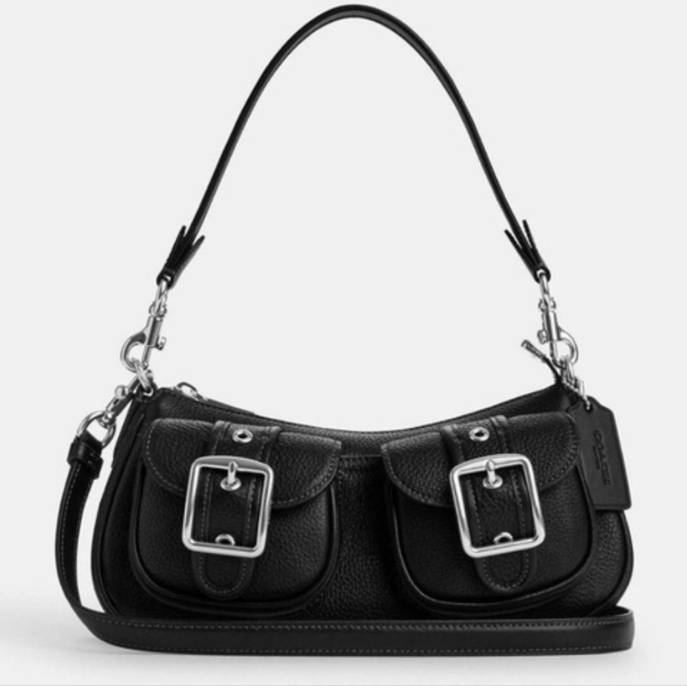 Coach Pebbled Leather Ashton Baguette shoulder bag. Silver/ Black. Crossbody Bag
